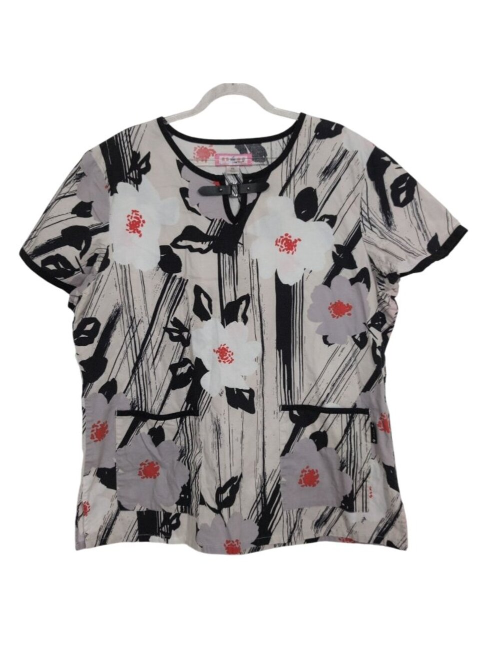 Koi Love Affair Scrub Top Womens Size XL Beige Buckle Floral Medical Nurse Tech